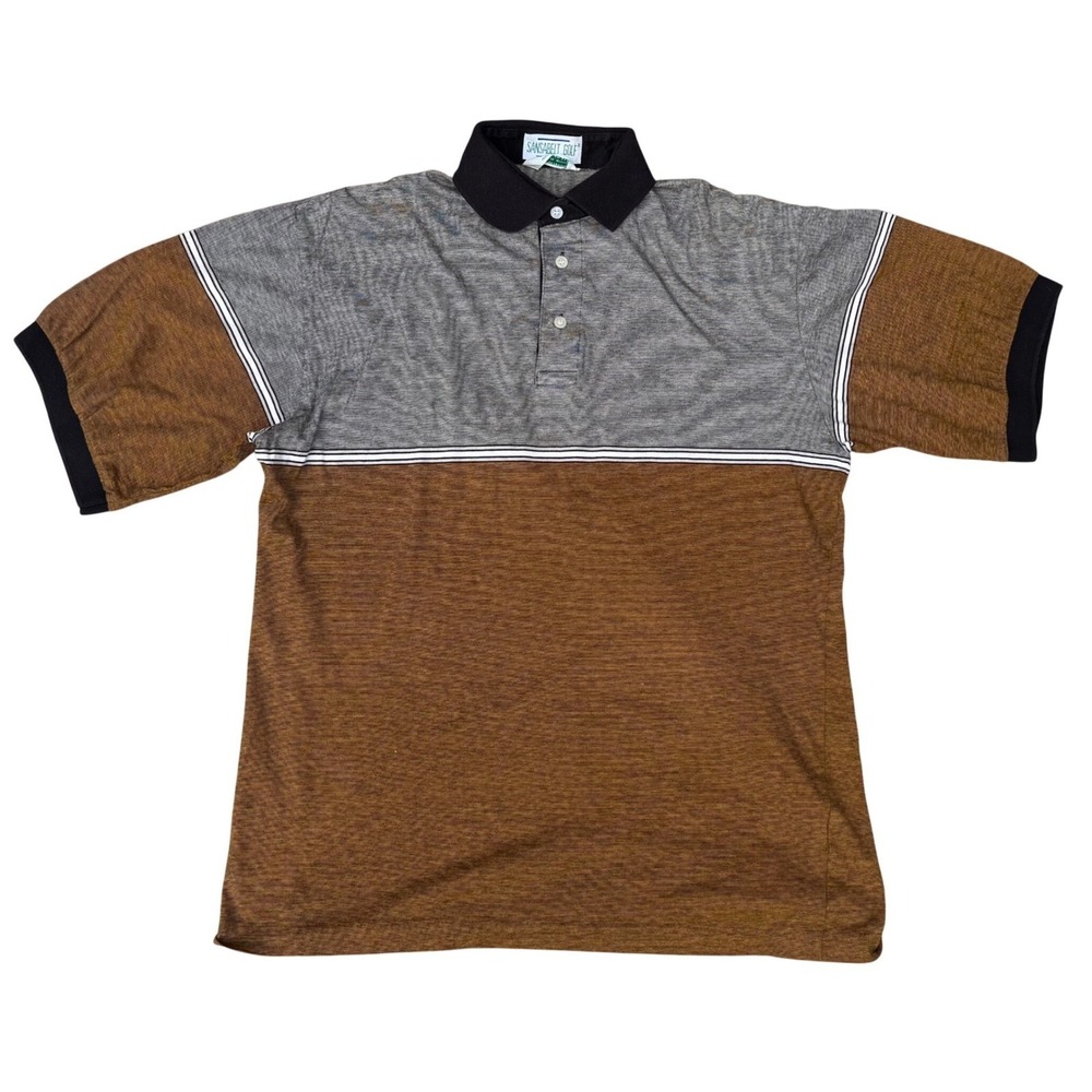 Men's VTG Sansabelt Golf Polo Shirt Brown Grey Colorblock Mercerized Cotton SZ M
